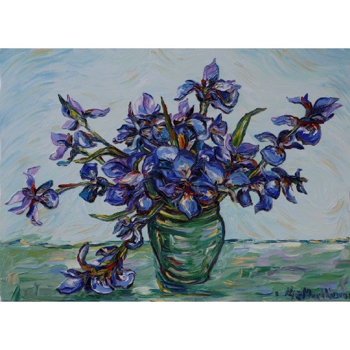 Obraz Olejny Irysy Kwiaty Pejzaż 80x60 Cm Malowany Szpachelką