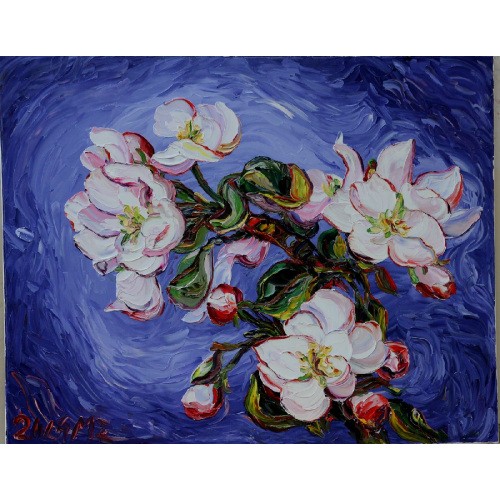 Obraz Olejny Jabłoń Kwiaty 80x65cm Malowany Szpachelką