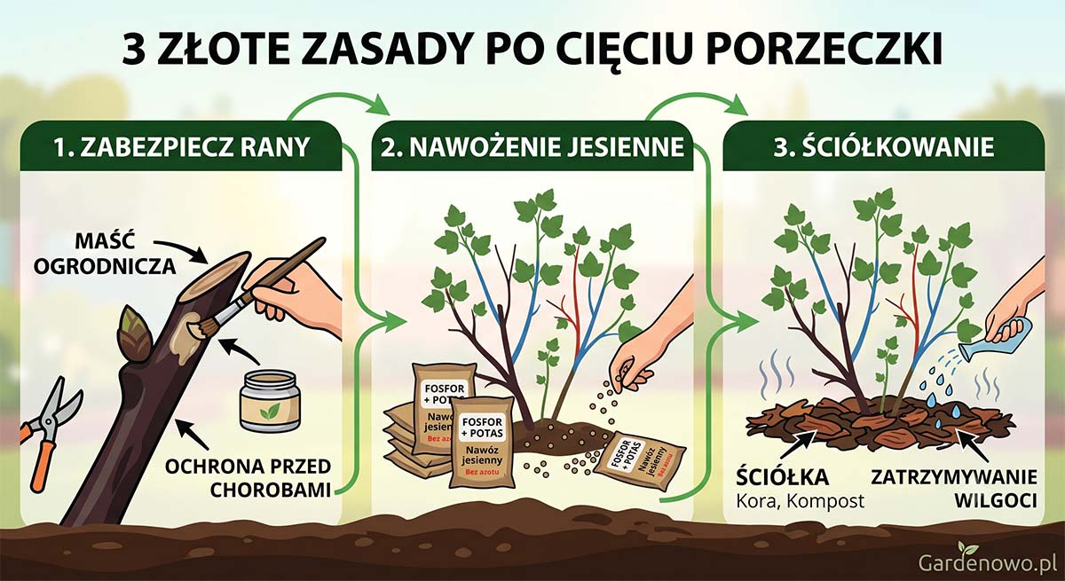 Co zrobić po przycięciu czarnej porzeczki? Trzy zasady dla obfitych plonów Infografika: 3 Złote Zasady Po Cięciu Porzeczki - 1. Zabezpiecz rany maścią, 2. Nawożenie jesienne (Fosfor + Potas), 3. Podlewanie i ściółkowanie.
