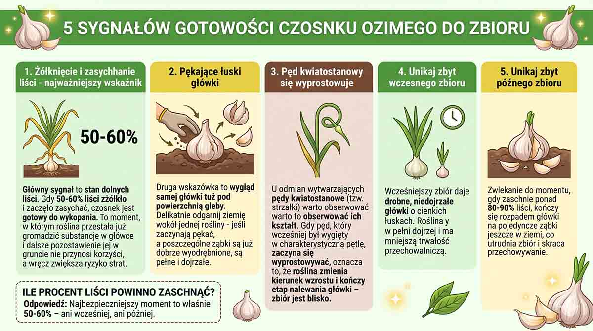 5 sygnałów zbioru czosnku Infografika z 5 sygnałami gotowości czosnku ozimego do zbioru
