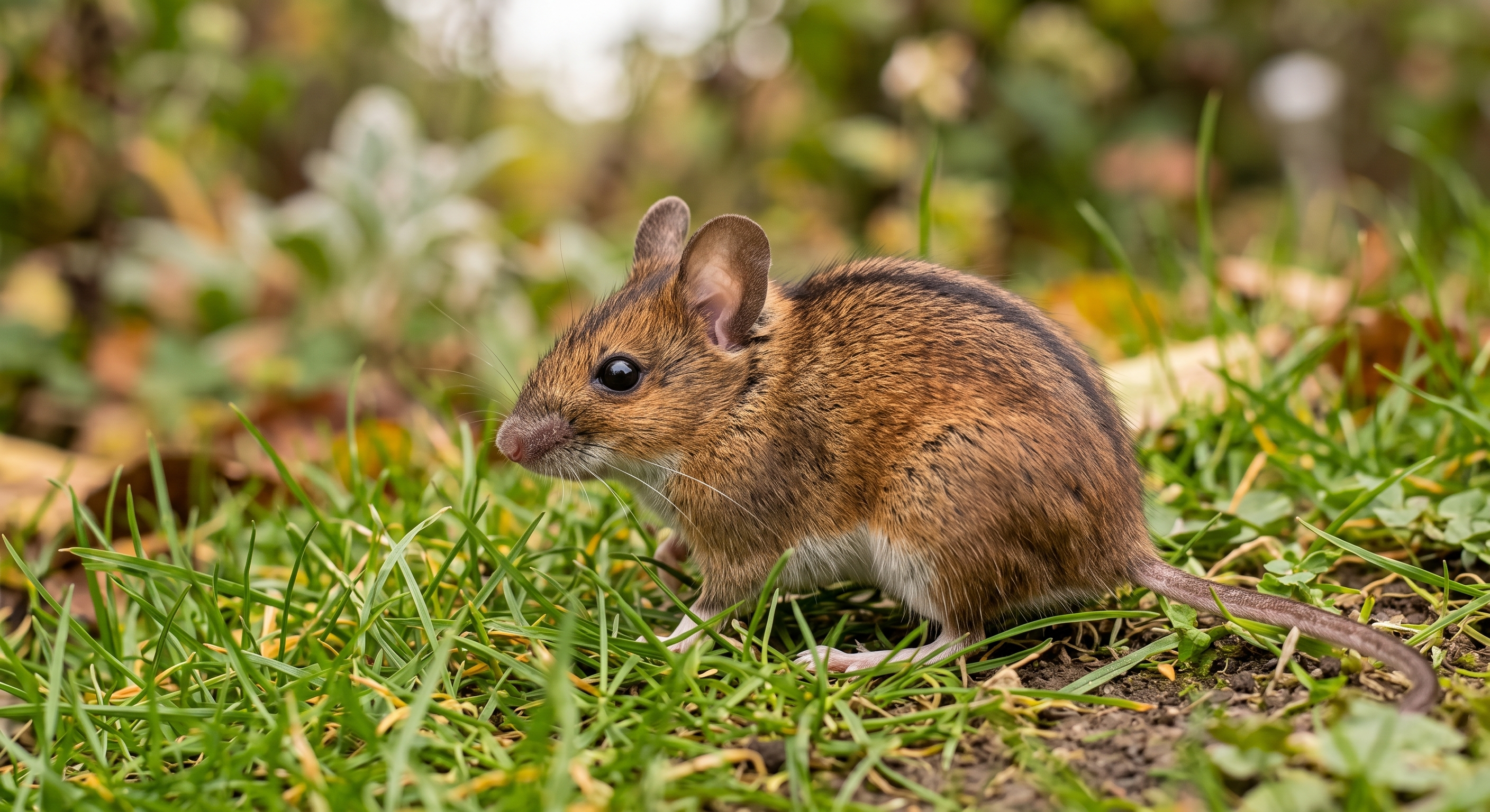 Zbliżenie na mysz polną (myszarka polna) z charakterystyczną ciemną pręgą na grzbiecie, siedzącą w trawie w ogrodzie jesienią.