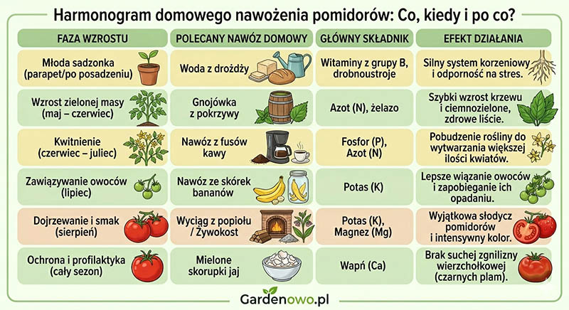 Harmonogram domowego nawożenia pomidorów nawozami domowymi tabela Gardenowo