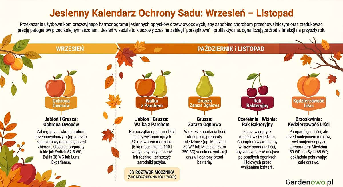 Kalendarz oprysków drzew owocowych 2026 jesień