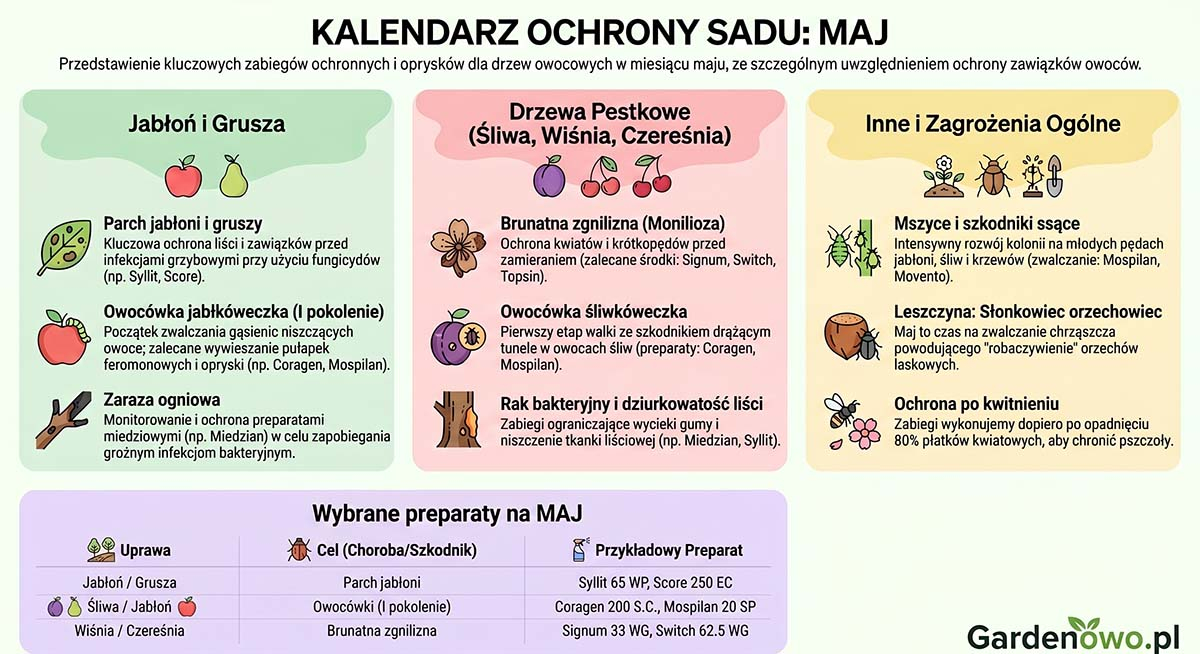 Kalendarz oprysków drzew owocowych 2026 maj