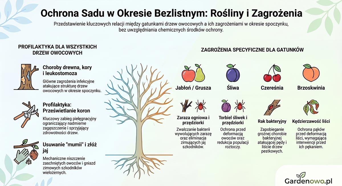 Kalendarz oprysków drzew owocowych 2026 okres bezlistny