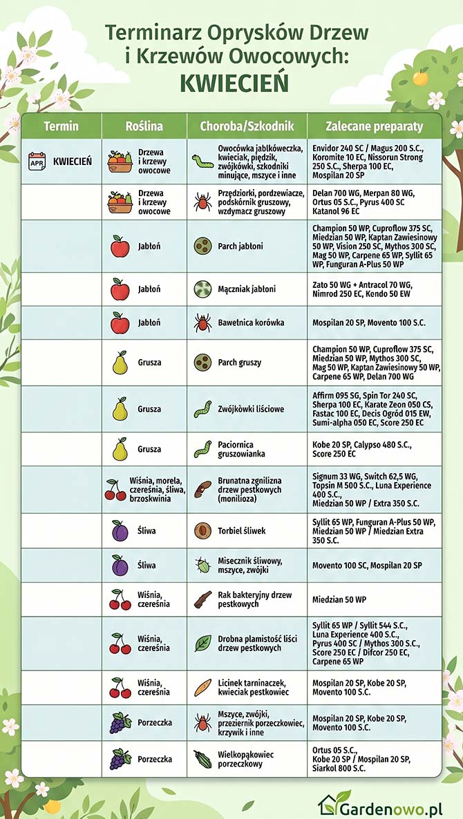 Terminarz oprysków drzew owocowych 2026 kwiecień tabela Gardenowo