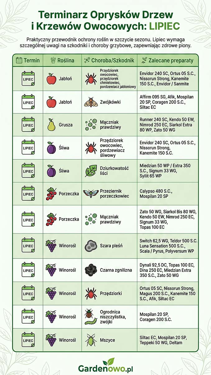 Terminarz oprysków drzew owocowych 2026 lipiec tabela Gardenowo