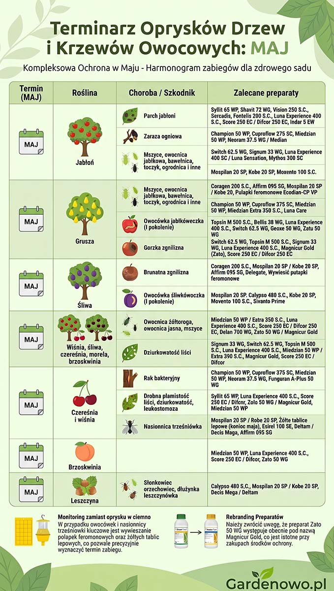Terminarz oprysków drzew owocowych 2026 maj tabela Gardenowo