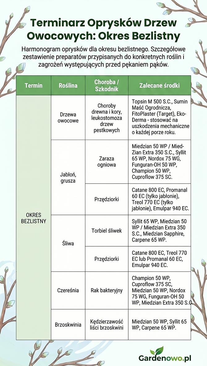 Terminarz oprysków drzew owocowych 2026 okres bezlistny tabela Gardenowo