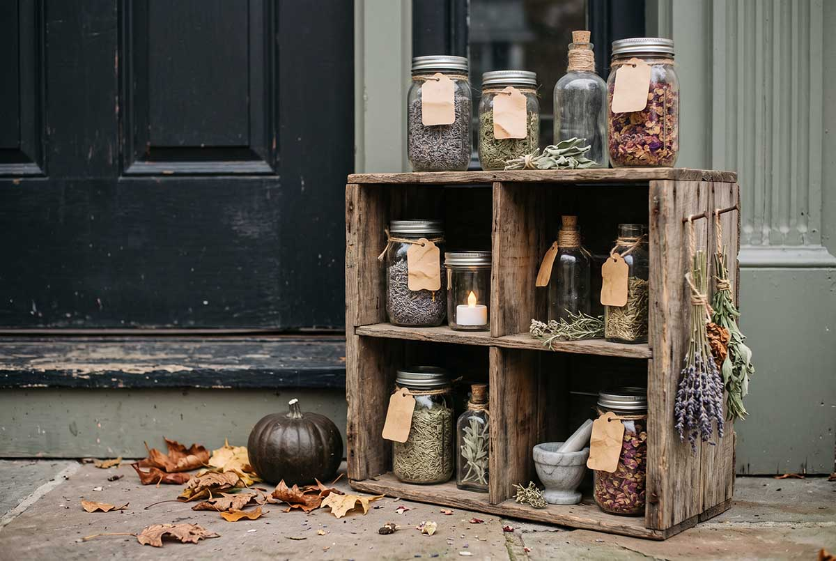 Apteka czarownicy na Halloween - słoiki z ziołami przy drzwiach Drewniana skrzynka ze słoikami suszonych ziół i papierowymi etykietami jako halloweenowa apteka czarownicy przy drzwiach wejściowych
