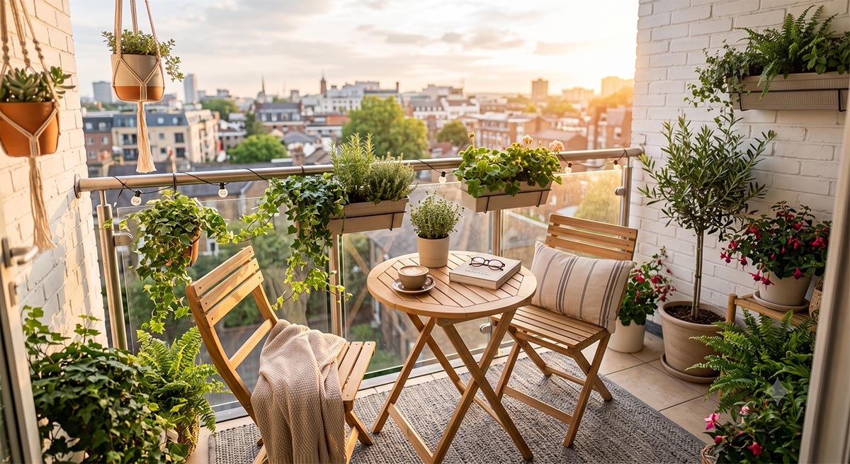 Przytulna aranżacja małego balkonu w bloku o zachodzie słońca Przytulny mały balkon w bloku z drewnianym zestawem bistro, szarym dywanem i licznymi zielonymi roślinami w doniczkach na tle panoramy miasta.