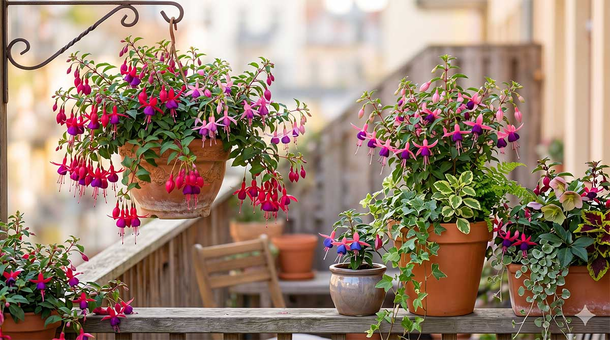 Pięknie urządzony balkon w półcieniu z obficie kwitnącymi fuksjami w wiszącym koszu oraz terakotowych donicach w kompozycji z zielonym bluszczem.