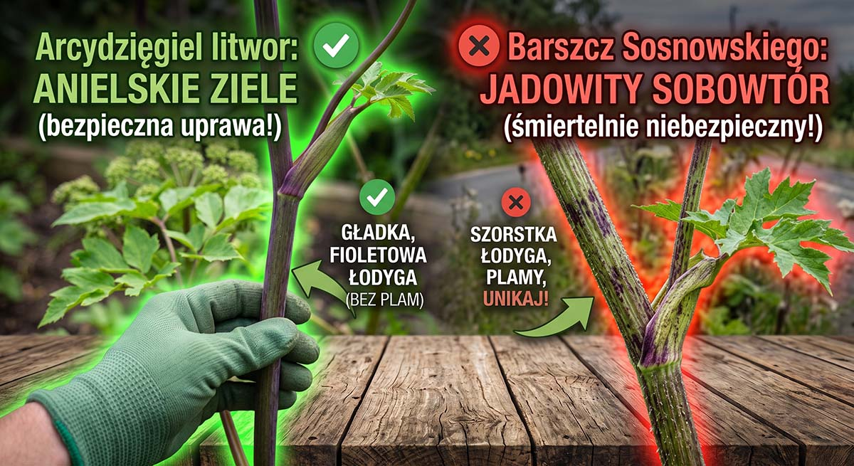 Arcydzięgiel litwor a barszcz Sosnowskiego - różnice w wyglądzie łodygi i liści Porównanie łodygi arcydzięgla litwora i barszczu Sosnowskiego: gładka fioletowa łodyga ziela vs szorstka łodyga z plamami toksycznego chwastu