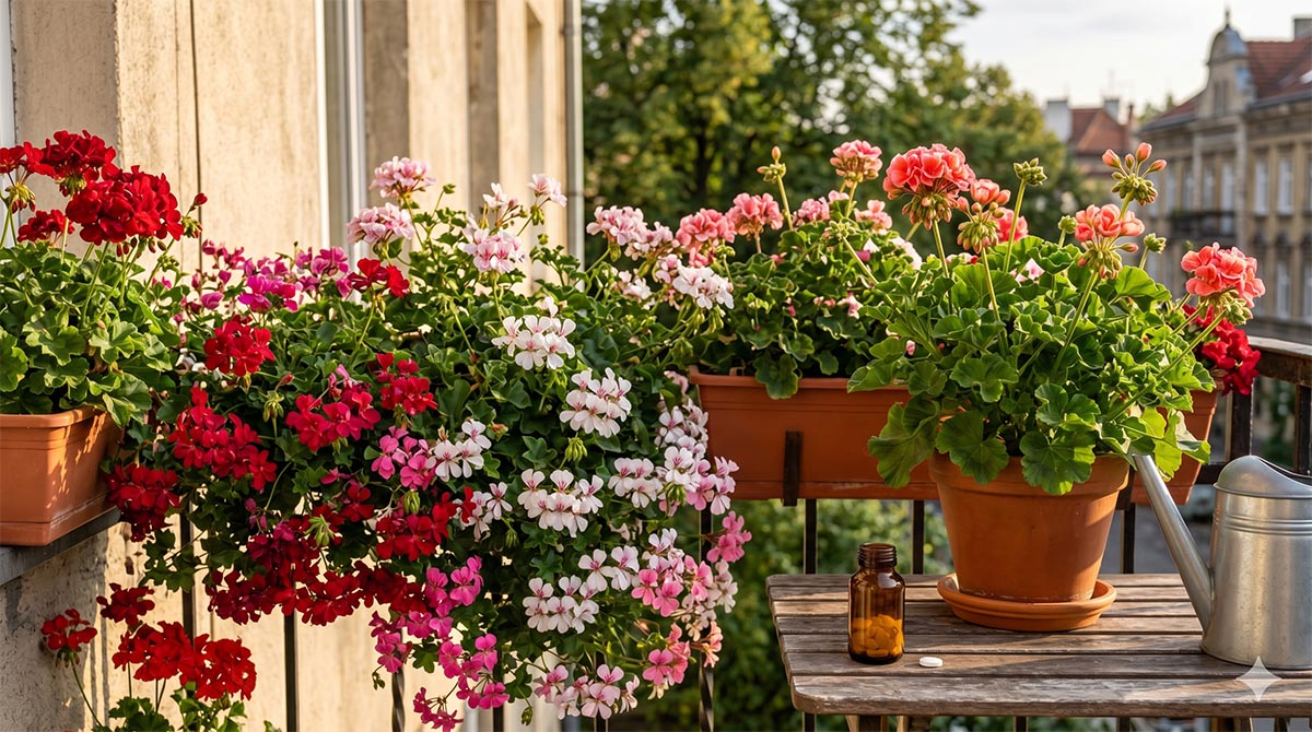 pelargonie na balkonie, aspiryna do pelargonii