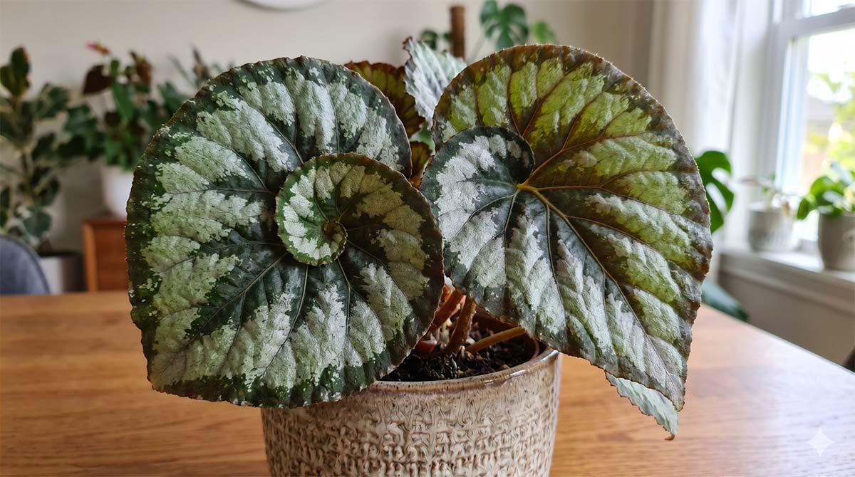 Zbliżenie na unikalną Begonię Rex odmiany 'Escargot' z charakterystycznymi spiralnymi liśćmi w odcieniach zieleni i srebra, posadzoną w szarej ceramicznej doniczce na drewnianym blacie.