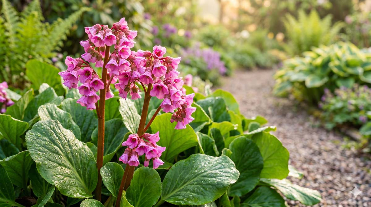 Bergenia sercowata w pełnym rozkwicie Kwitnąca bergenia sercowata o różowych kwiatach i dużych, zielonych liściach pokrytych kroplami rosy w wiosennym ogrodzie. W tle widać żwirową ścieżkę i paprocie w świetle złotej godziny