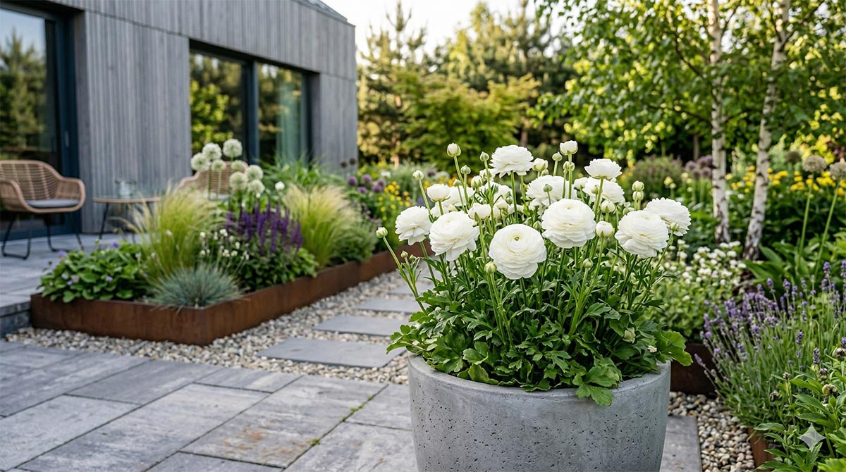 Białe jaskry w donicy jaskry w donicy