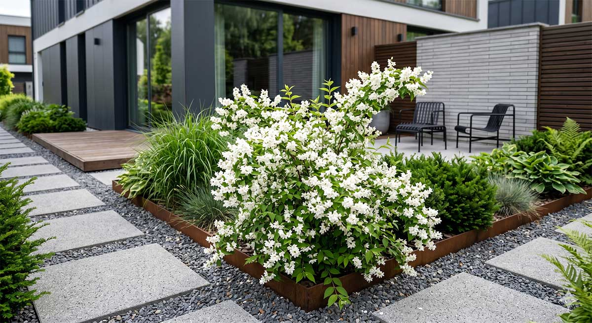 Kwitnący na biało krzew żylistka w nowoczesnym ogrodzie z minimalistyczną architekturą ogrodową i geometrycznymi ścieżkami.