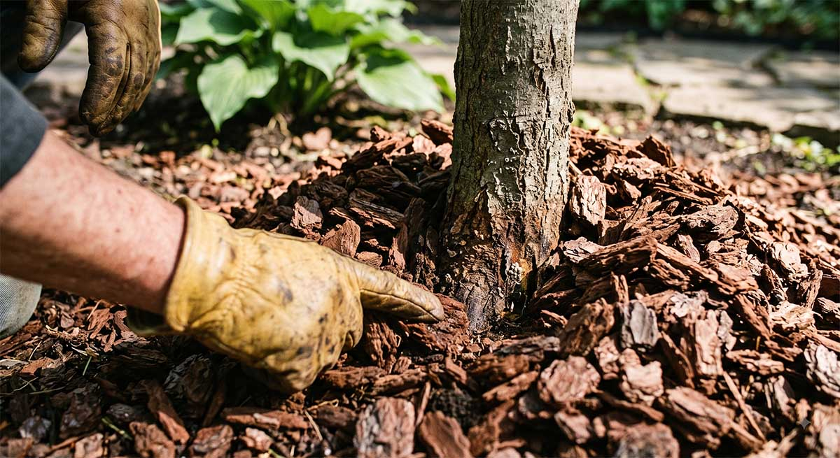 Prawidłowe i błędne ściółkowanie korą przy pniu drzewa Kopczyk kory sosnowej usypany zbyt wysoko i bezpośrednio przy pniu młodego drzewa (błąd)