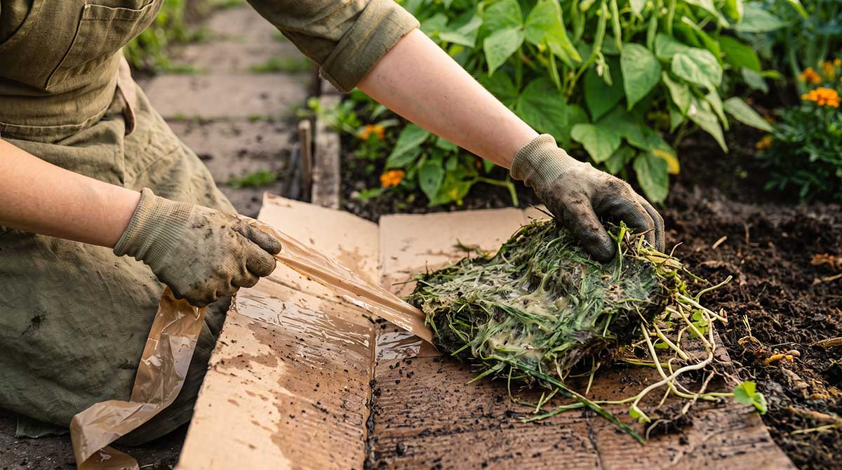 Usuwanie plastikowej taśmy z kartonu do ściółkowania azjatyckiego na rabacie