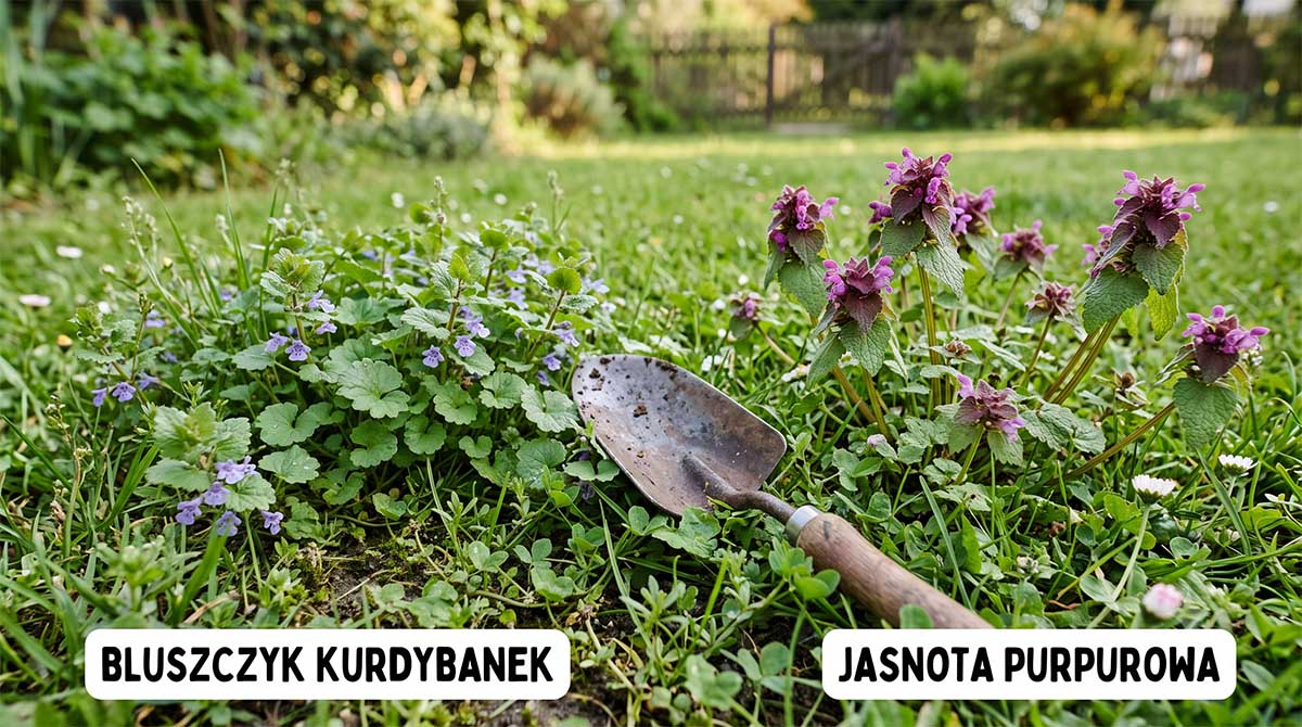 Jak odróżnić bluszczyk kurdybanek od jasnoty purpurowej Porównanie dwóch roślin: bluszczyk kurdybanek z okrągłymi, ząbkowanymi liśćmi po lewej stronie oraz jasnota purpurowa z ciemnoróżowymi liśćmi wierzchołkowymi po prawej stronie.