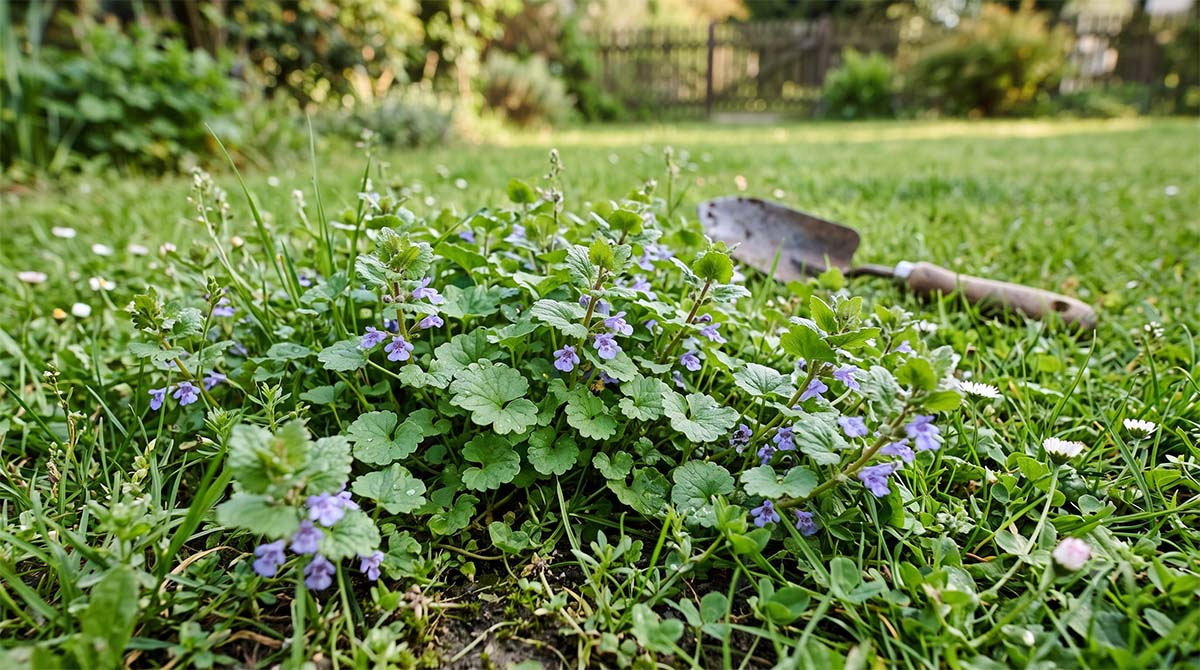 luszczyk kurdybanek (Glechoma hederacea) jako superfood z ogrodu Rozrośnięta kępa bluszczyku kurdybanka z fioletowymi kwiatami na zielonym trawniku w ogrodzie, obok leży stara łopatka ogrodowa.