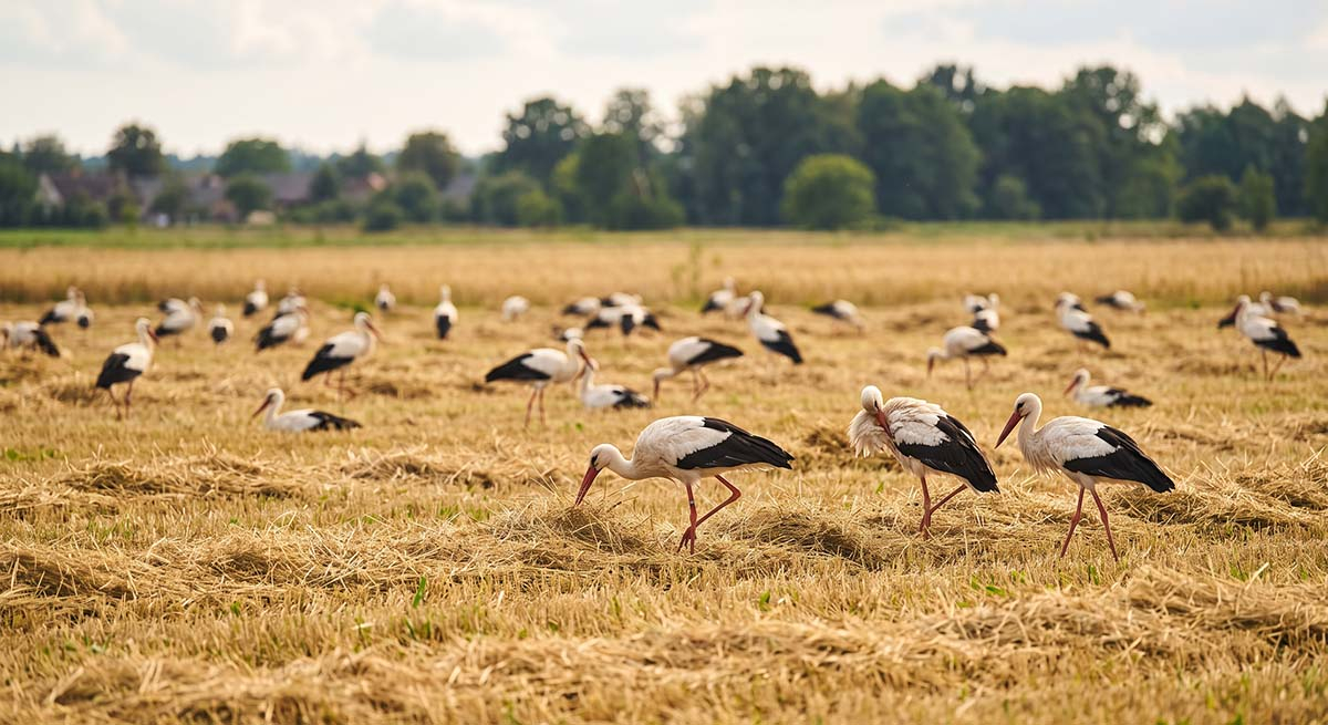 Grupa bocianów zbierająca się na polu przed migracją Duże stado bocianów białych żerujące na świeżo skoszonym polu, ilustrujące bocianie sejmiki.