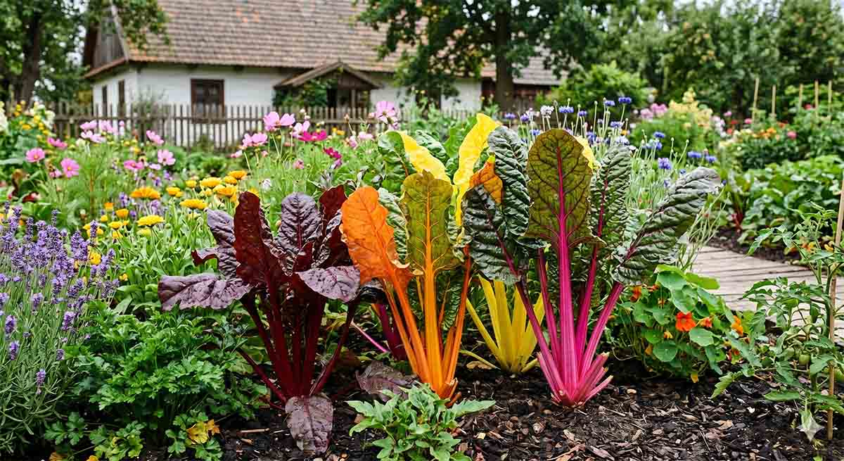 Fioletowa boćwina Rhubarb Chard na letniej rabacie ozdobnej z kwiatami i ziołami