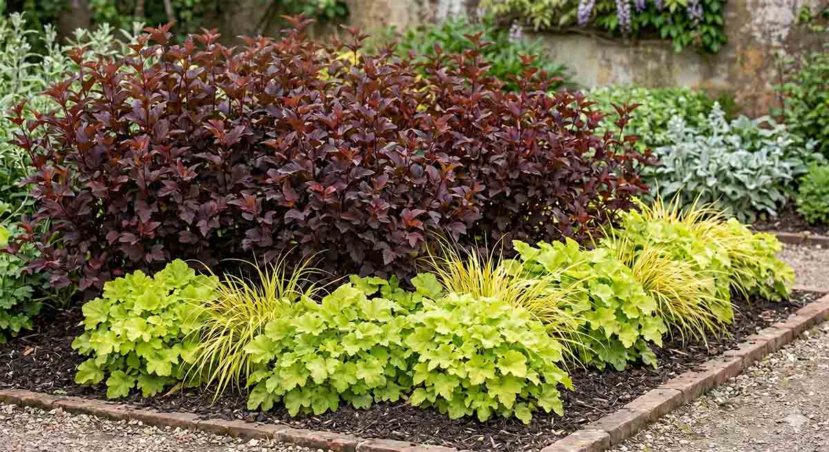 Kompozycja rabatowa Bold Foliage &ndash; bordowa pecherzynica z limonkowa zurawka