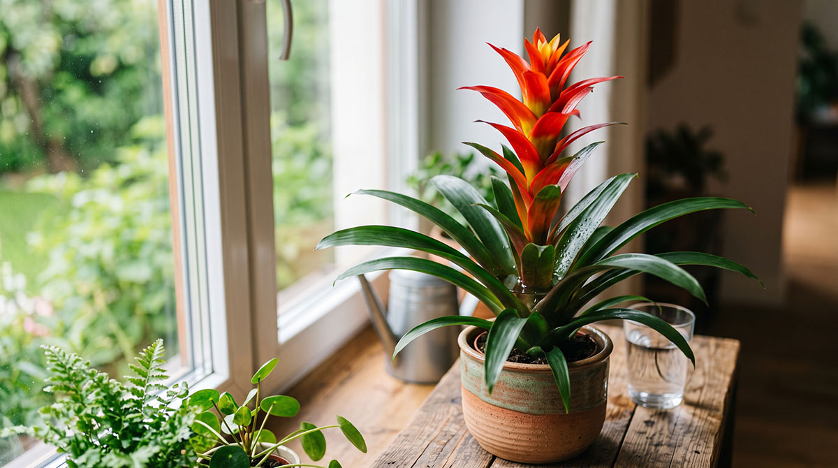 Kluczowa zasada pielęgnacji: podlewanie bromelii bezpośrednio do kielicha. Zbliżenie na rosnącą w domu bromelię Guzmania, w której centralnej rozecie liściowej (kielichu) widoczna jest wlana woda, na jasnym tle okna.