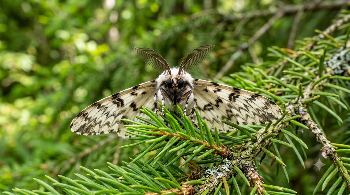 Brudnica mniszka na gałązce świerka Dorosły motyl brudnica mniszka o biało-czarnych skrzydłach siedzący na gałęzi świerka w ogrodzie.