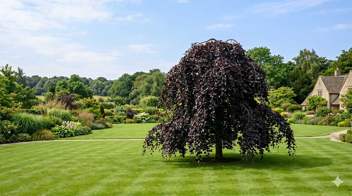 Buk Płaczący (Purpurea Pendula) jako soliter w ogrodzie angielskim Luksusowy, formalny ogród angielski z dużym bukiem pospolitym w odmianie płaczącej (Fagus sylvatica 'Purpurea Pendula') o ciemnopurpurowych liściach, rosnącym jako soliter na środku idealnie przystrzyżonego, pasiastego trawnika. W tle, skąpanym w słońcu, gęsta rabata bylinowa i tradycyjny dom z jasnego kamienia wapiennego.
