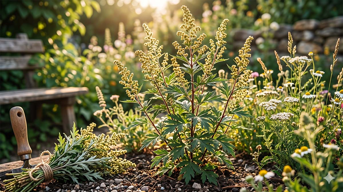 Bylica pospolita (Artemisia vulgaris) - wygląd i rozpoznawanie Bylica pospolita rosnąca w ogrodzie, obok leży ścięte ziele powiązane sznurkiem i łopatka ogrodowa