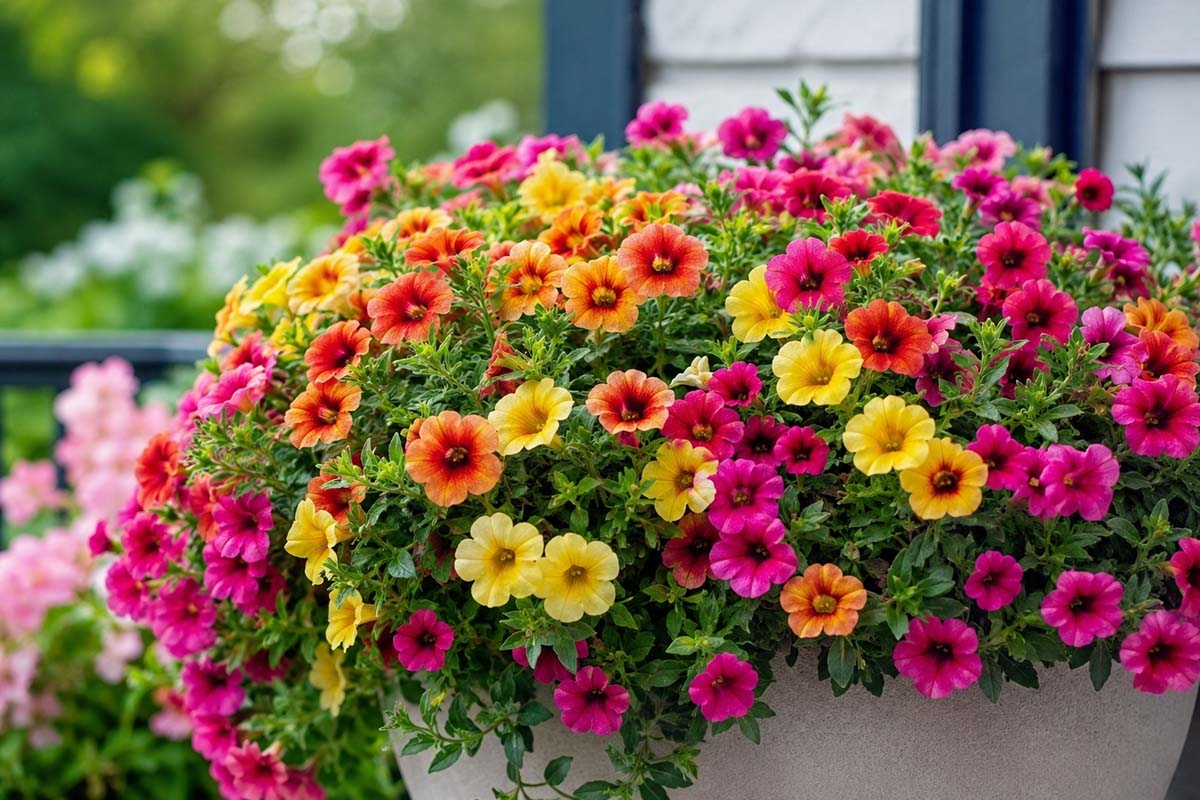 Calibrachoa Million Bells w kolorowej donicy na tarasie