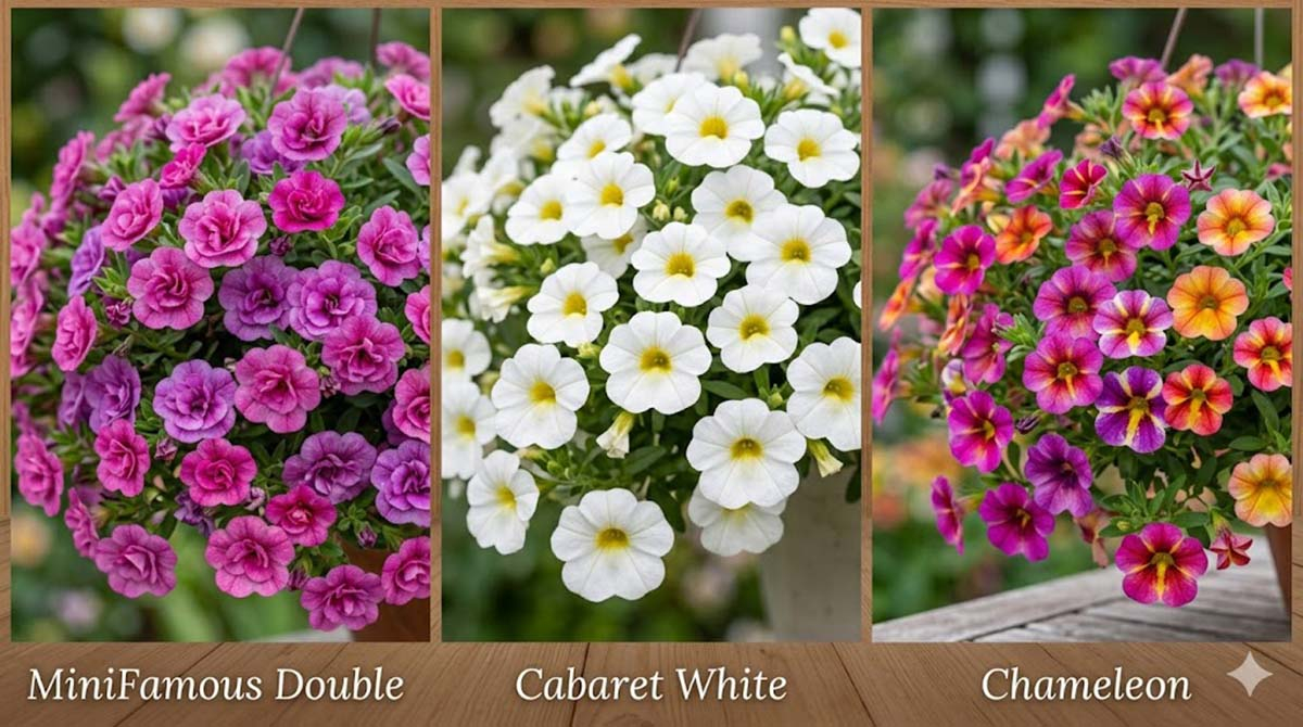 Zestawienie trzech odmian Calibrachoa (Million Bells): różowa pełna MiniFamous Double, biała Cabaret White z żółtym oczkiem oraz wielobarwna Chameleon