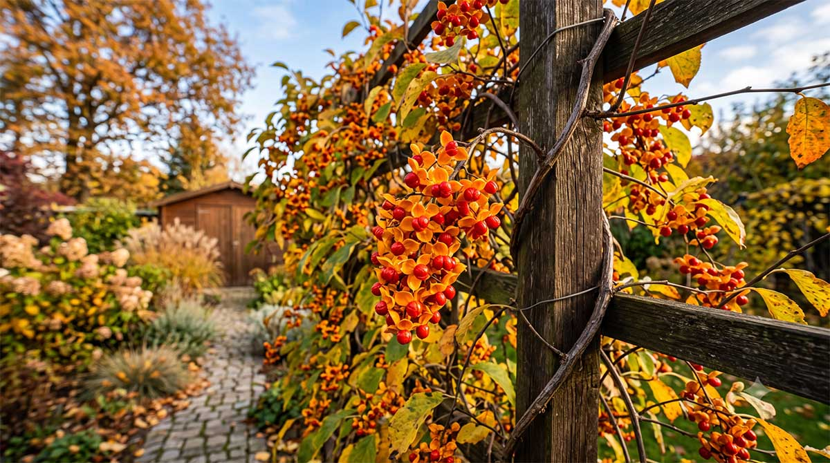 Dławisz okrągłolistny na drewnianej pergoli jesienią Zbliżenie na pomarańczowo-czerwone owoce dławisza okrągłolistnego (Celastrus orbiculatus) owiniętego wokół drewnianej pergoli w jesiennym ogrodzie, w tle rozmyta ścieżka i drzewa.