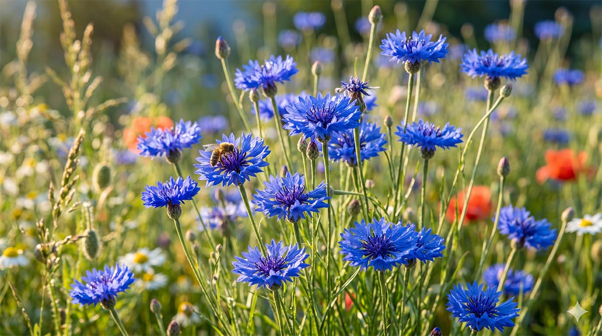 chaber bławatek, niebieski kwiatki na łące, łąka kwietna