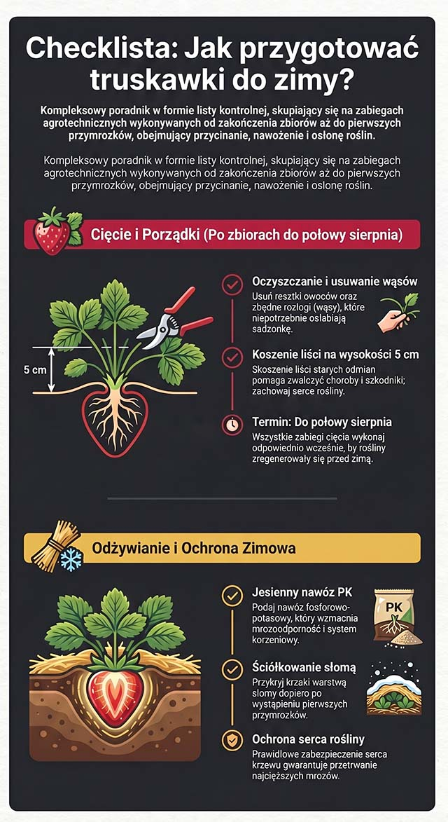 Pionowa infografika w formie checklisty przedstawiająca 5 najważniejszych kroków jesiennej pielęgnacji truskawek: oczyszczanie krzaków po zbiorach, koszenie starych liści na wysokość 5 cm, obcinanie wąsów, podawanie nawozów fosforowo-potasowych oraz zabezpieczanie ściółką ze słomy po pierwszych przymrozkach.