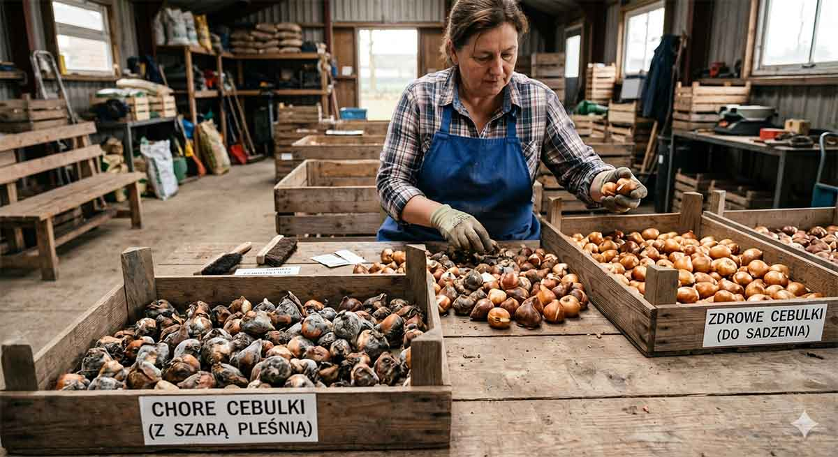 Selekcja cebulek tulipanów - zdrowe vs. chore z Botrytis Selekcja cebulek tulipanów - chore z objawami szarej pleśni oddzielone od zdrowych