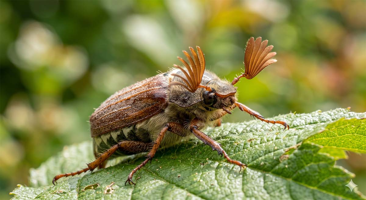 Chrabąszcz majowy w obiektywie makro Ekstremalne zbliżenie makro na chrabąszcza majowego (Melolontha melolontha) siedzącego na zielonym liściu. Zdjęcie podkreśla unikalne, wachlarzowate czułki owada oraz szczegółową teksturę jego brązowych pokryw skrzydeł na tle miękkiego, słonecznego ogrodu.