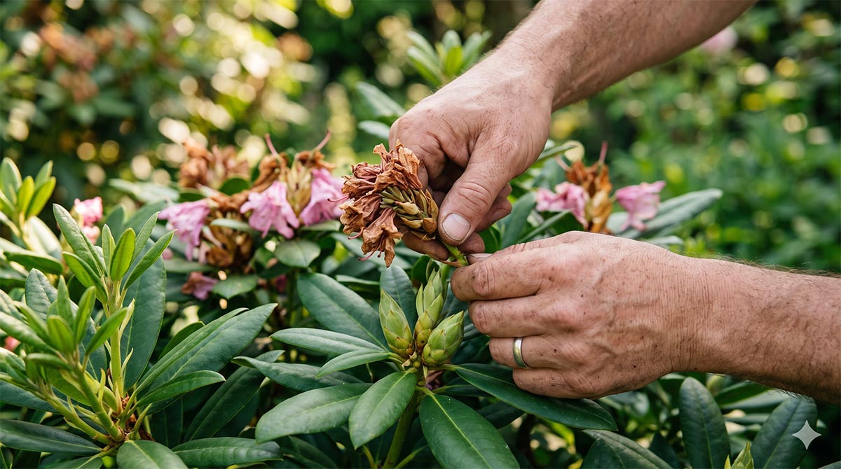 Pielęgnacja rododendronów po kwitnieniu - wyłamywanie kwiatów. Ręczne wyłamywanie przekwitłego kwiatostanu rododendrona w czerwcu.