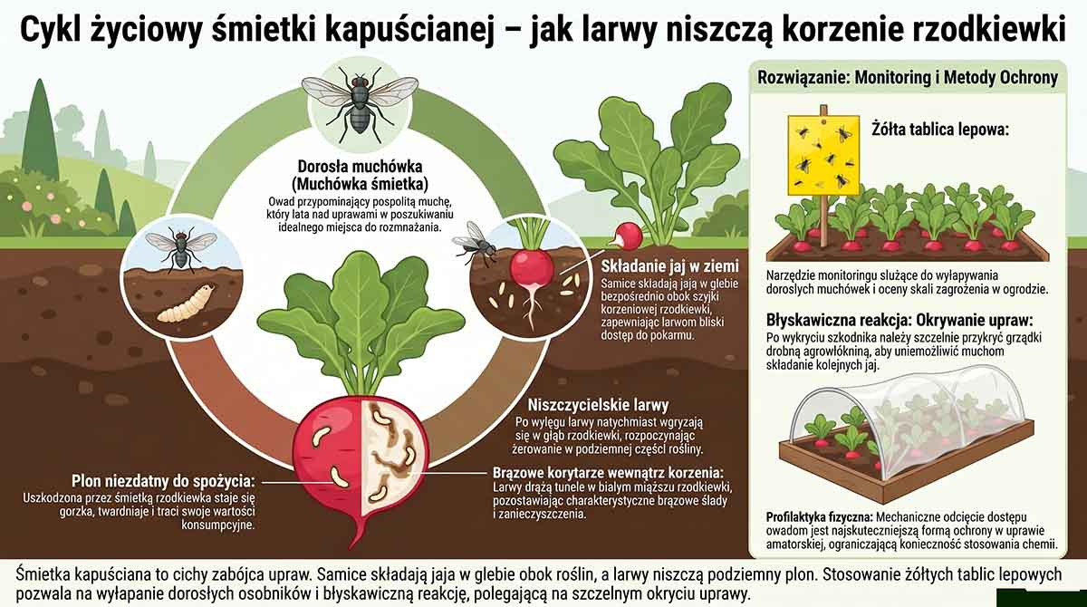 Schemat cyklu życiowego muchówki śmietki kapuścianej &ndash; od dorosłej muchy, przez składanie jaj w ziemi, aż po niszczycielskie larwy drążące brązowe korytarze wewnątrz okrągłej rzodkiewki. Obok zaznaczona żółta tablica lepowa jako metoda monitoringu.
