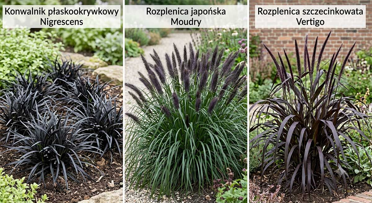 Zestawienie czarnych traw ozdobnych: Konwalnik Nigrescens, Rozplenica Moudry i Vertigo Kolaż trzech czarnych traw ozdobnych: Konwalnik płaskookrywkowy Nigrescens, Rozplenica japońska Moudry oraz Rozplenica szczecinkowata Vertigo w ogrodzie.