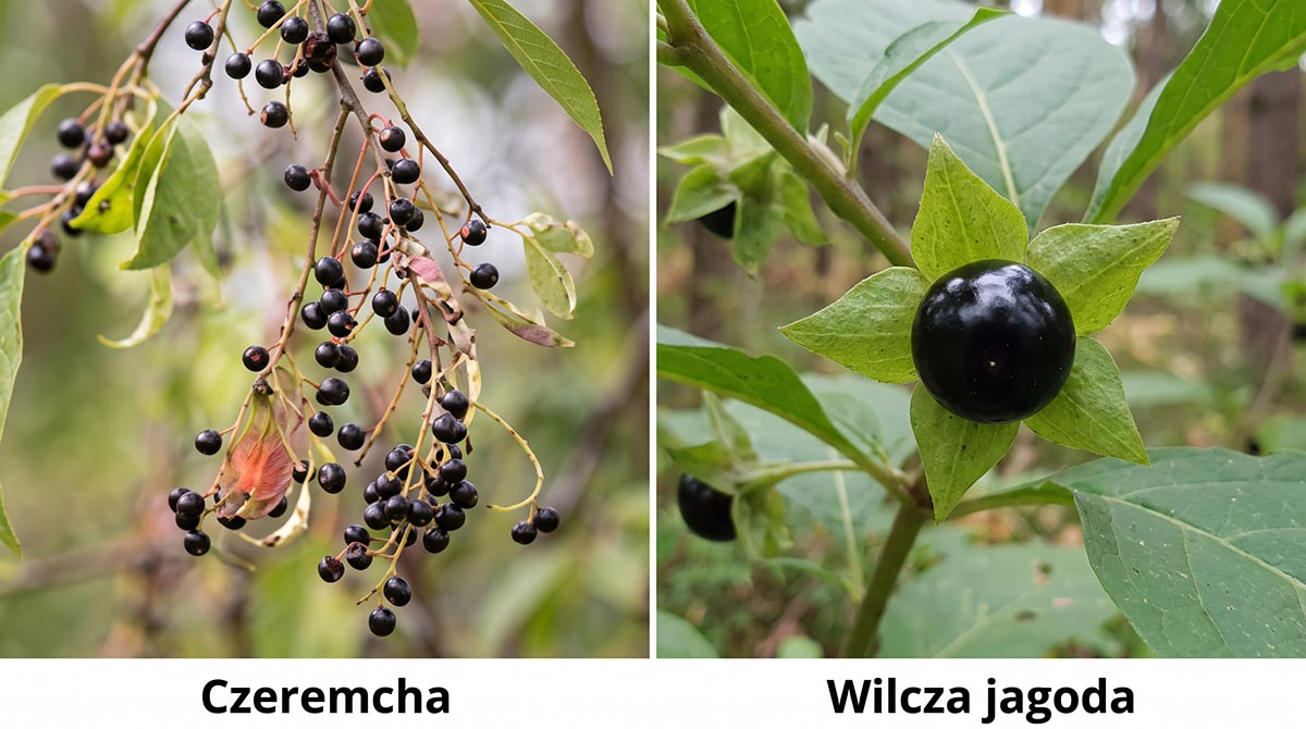 Porównanie czeremchy i trującej wilczej jagody Zbliżenie makro pokazujące różnicę między wiszącymi gronami czeremchy a pojedynczą jagodą wilczej jagody z jej gwiazdkowym kielichem.