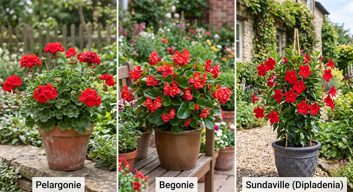 Kolaż trzech czerwonych kwiatów do donic na balkon: obficie kwitnąca Pelargonia, czerwona Begonia oraz egzotyczne pnącze Sundaville Dipladenia.