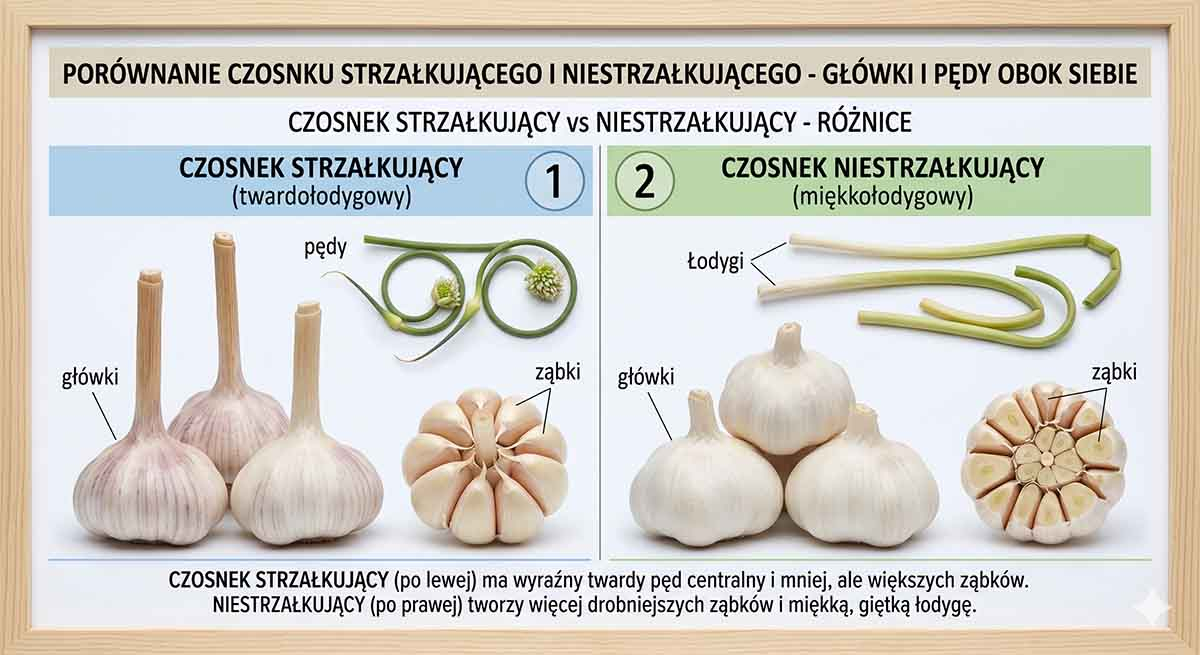 Czosnek strzałkujący vs niestrzałkujący - różnice Porównanie czosnku strzałkującego i niestrzałkującego — główki i pędy obok siebie