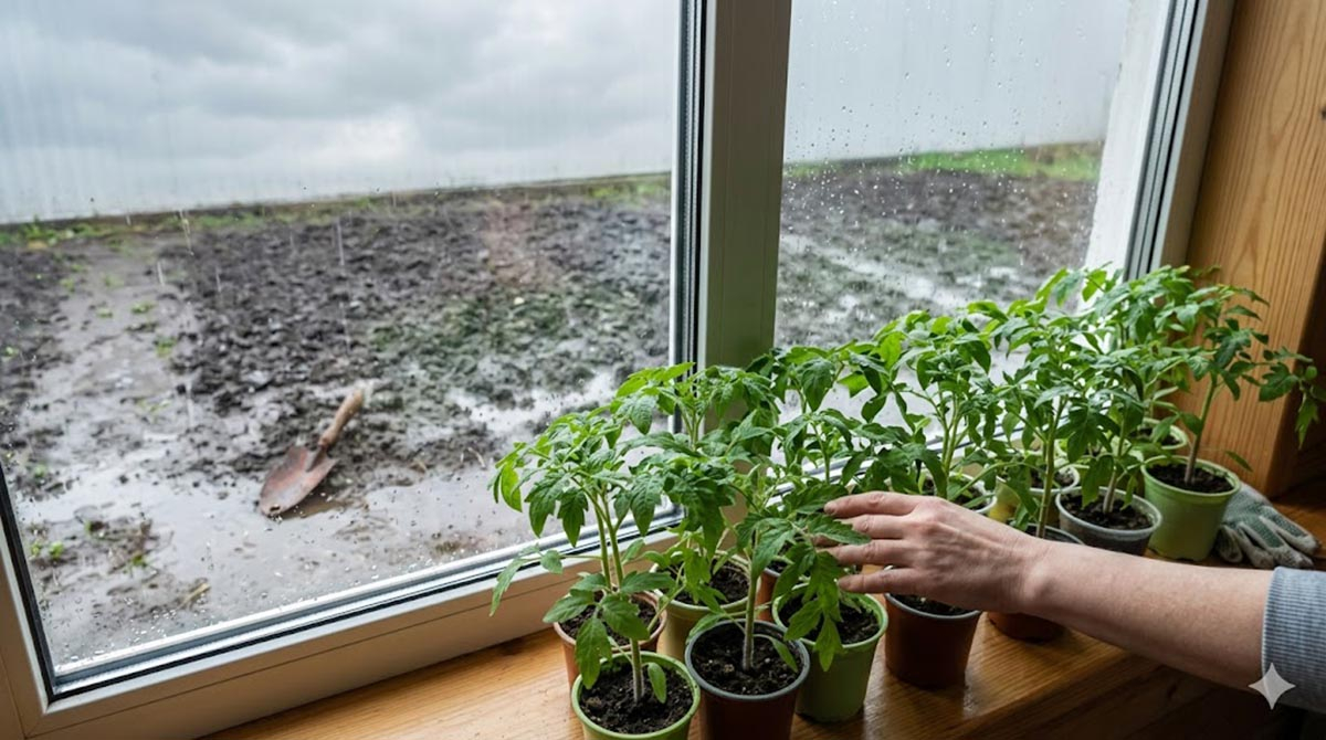 Młoda rozsada pomidorów w doniczkach na parapecie, w tle za szybą widoczny deszcz oraz przemoczona, błotnista ziemia w ogrodzie.