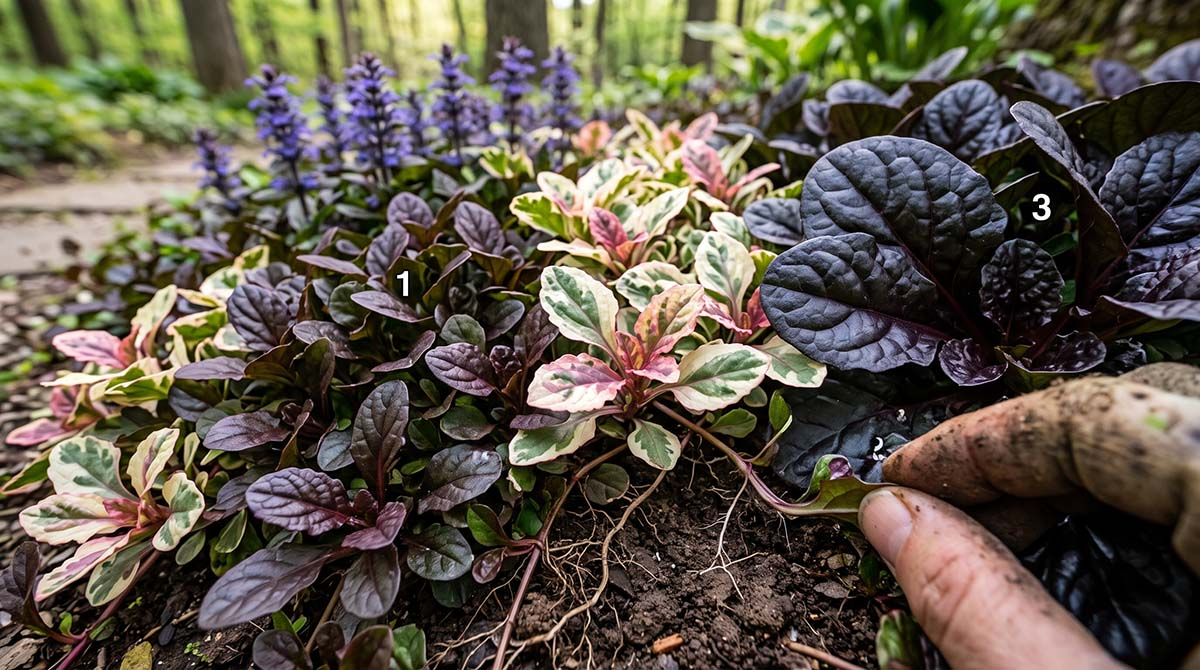 Różnorodność odmian dąbrówki rozłogowej: purpurowa, wielobarwna Burgundy Glow i czarna Black Scallop obok siebie Makro zbliżenie trzech różnych odmian dąbrówki rozłogowej (purpurowej, wielobarwnej i czarnej) rosnących obok siebie w zacienionym ogrodzie, pokazujące różnorodność kolorów, tekstur liści i pędów rozłogowych.