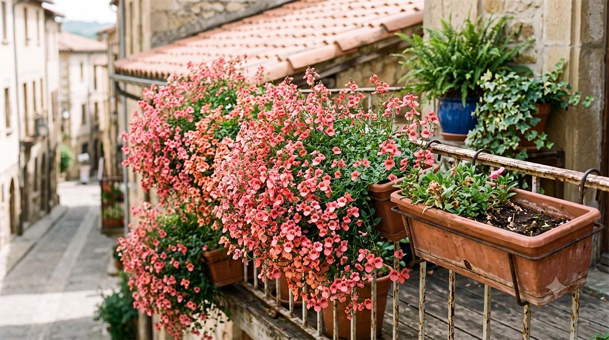 Diaskia - chmura kwiatów na Twoim balkonie zamiast pelargonii. Gęsta burza różowych kwiatów diaskii zwisających z doniczek na balustradzie balkonu w zabytkowym miasteczku.