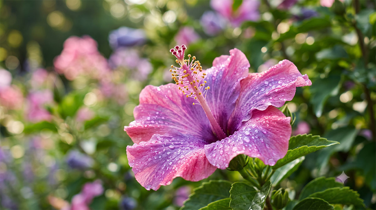 Dlaczego hibiskus nie kwitnie - błędy w uprawie Piękny, różowy kwiat hibiskusa syryjskiego w pełnym rozkwicie w ogrodzie.